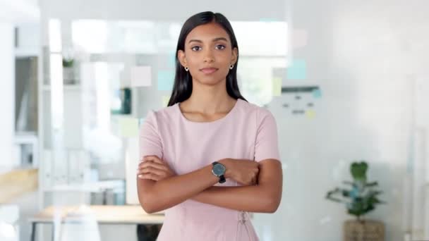 Confident manager, leader and creative boss with her arms crossed in a powerful, assertive and proud stance. Portrait of smiling, happy and female marketing agent ready for success with arms folded. - Video