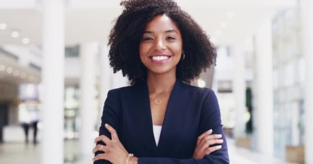 I want you on my team. A happy, pointing and smiling young corporate businesswoman hiring you for a new job position. Portrait of a formal professional female manager choosing you in a modern office - Séquence, vidéo