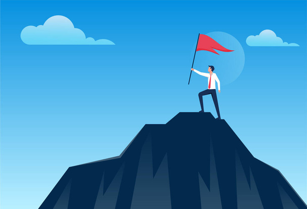 Businessman holding up success flag on top of mountain. Business, Success, Leadership, Achievement, People successful career concept vector illustration - Vektör, Görsel