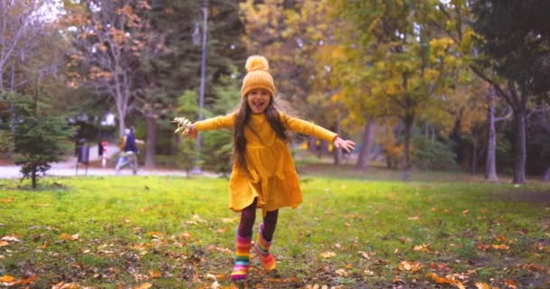 Счастливая девочка, молодая женщина, наслаждающаяся осенними листьями и природой, играющая и бегающая в парке, 4K видео - Кадры, видео