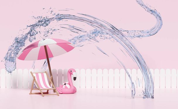 3d summer travel, pink beach chair with water splash, fence, suitcase, umbrella or parasol, Inflatable flamingo, wave isolated on pink  background. concept 3d render illustration  - Φωτογραφία, εικόνα