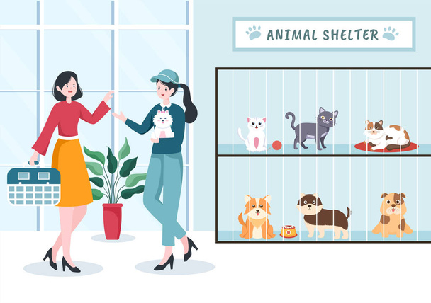 Animal Shelter Cartoon Illustration with Pets Sitting in Cages and Volunteers Feeding Animals for Adopting in Flat Hand Drawn Style Design - Vector, imagen