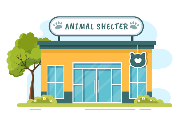 Animal Shelter House Cartoon Illustration Containing Animals for Adoption In Flat Hand Drawn Style Design - Vector, Image
