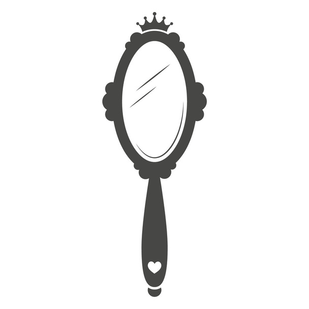 Vintage princess hand mirror in royal style on white background. Retro frame design with crown for baby girl birthday and party. Vector silhouette - Vector, Imagen