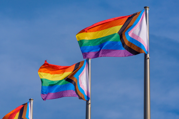 LGBTQ Progress Pride Flags waving over blue sky - Foto, afbeelding
