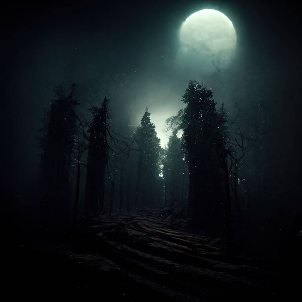 Realistic haunted forest creepy landscape at night. Fantasy Halloween forest background. Surreal mysterious atmospheric woods design backdrop. Digital art. - Foto, Imagen