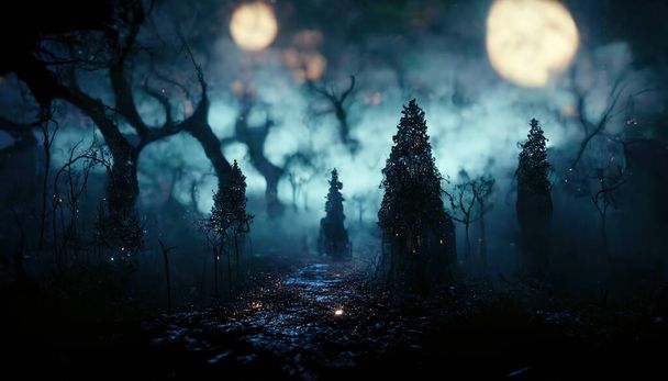 Realistic haunted forest creepy landscape at night. Fantasy Halloween forest background. Surreal mysterious atmospheric woods design backdrop. Digital art. - Photo, Image