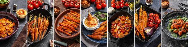 Collage of tasty cooked carrots on dark background, closeup - Zdjęcie, obraz