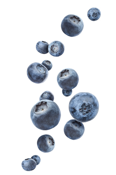 Many flying blueberries on white background - Fotografie, Obrázek