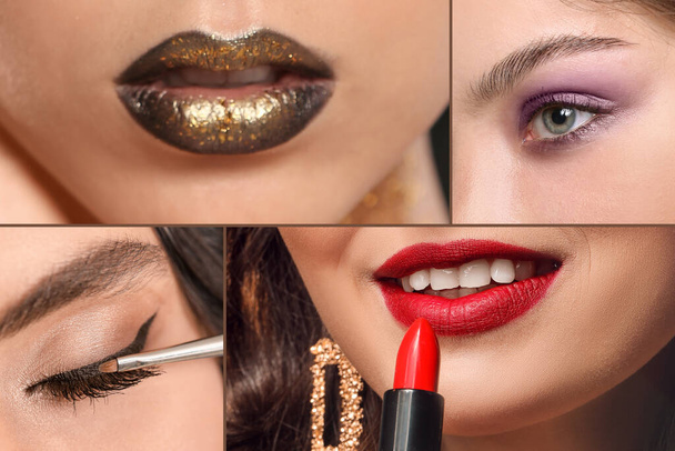 Beauty collage with lips and eyes of fashionable young women, closeup - Photo, Image