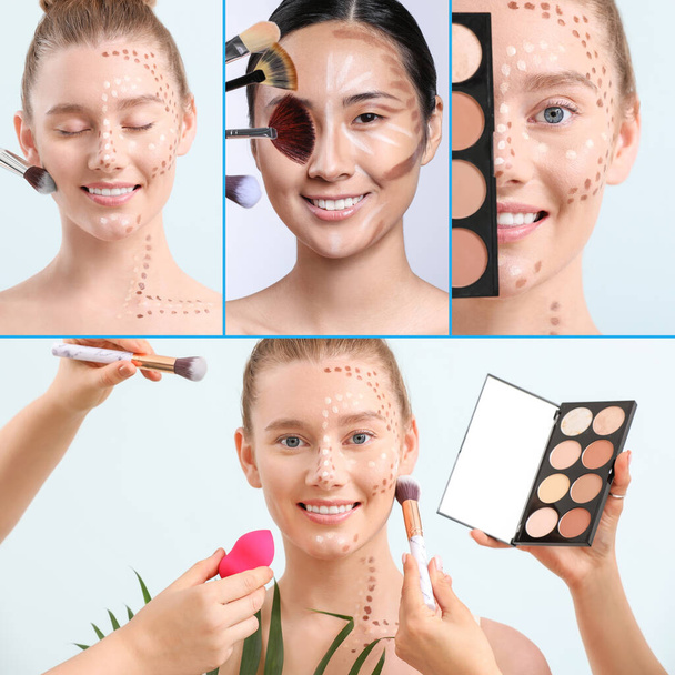 Beauty collage with fashionable young women doing contouring makeup - Foto, immagini