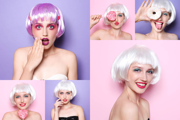 Beauty collage with fashionable young woman wearing wigs  - Valokuva, kuva