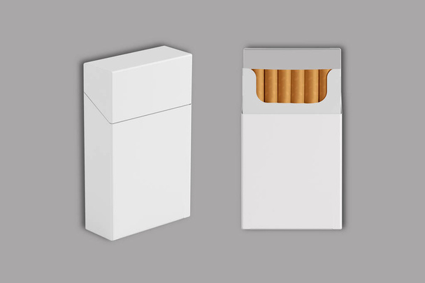 Packet of cigarettes open, closed, empty, filled realistic mockups set isolated on a grey background. Copy space. Place for image. Front and side view. 3d rendering. - Photo, image