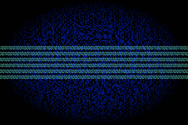 Data highway. Band of six turquoise rows consisting of zeros and ones, binary coding, over a dark blue background of randomly generated square dots. Symbol for Big Data and surveillance. illustration - Vetor, Imagem
