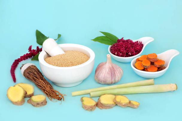 Immune system boosting herbs for good health. Highly nutritous healthy food high in antioxidants, protein, vitamins and minerals for chi boost. On blue background. - Photo, Image