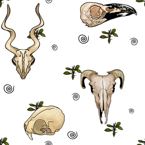 Vector pattern of animal skulls and ornament. Boho style for printing on textiles. preparation for designers, printing on paper - Fotoğraf, Görsel