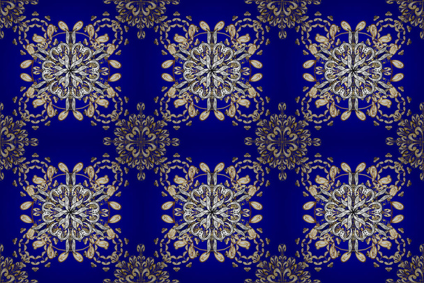 Raster background. Wallpaper baroque, damask. Stylish graphic pattern. Golden elements on beige, blue and white colors. Floral pattern. - Fotó, kép