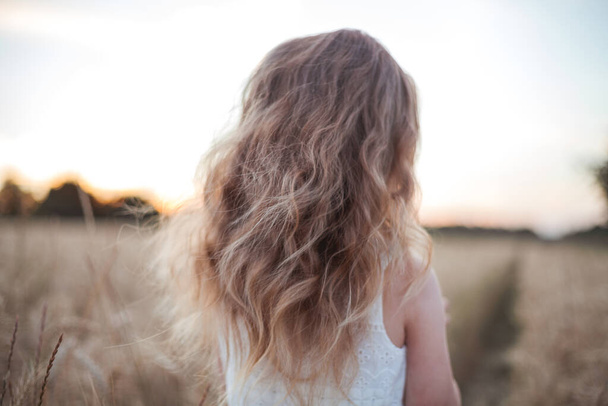 Adorable little curly girl 4 years old in a white dress in the sun at sunset in a wheat field. Happy child outside. Walk. Warm summer. - Foto, Imagen