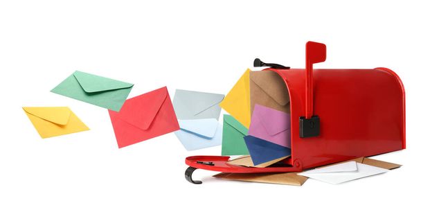 Different color envelopes flying out from red letter box on white background. Banner design - 写真・画像