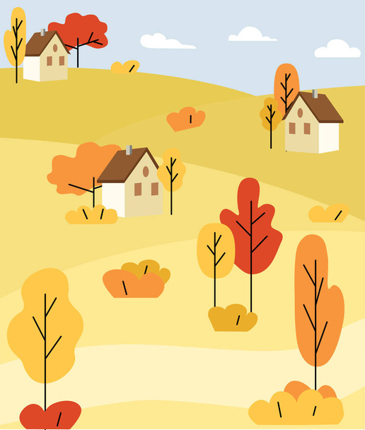 poster hello autumn. Autumn landscape, village. Nature, park, hills and fields, landscape with trees and plants, sky with clouds and falling leaves. vector illustration. - Vector, afbeelding