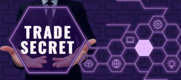 Sign displaying Trade Secret, Business concept Confidential information about a product Intellectual property Businessman Holding Important Informations Over Hands With Symbols Around. - Foto, afbeelding