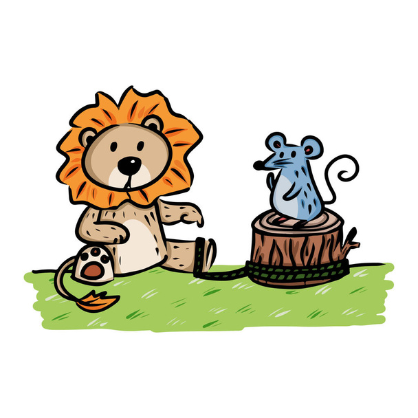 The lion and the mouse vector illustration for story book. Aesop's fable illustration transparent background. Cute illustration cartoon for fairy tale story and book.  - Vektor, kép