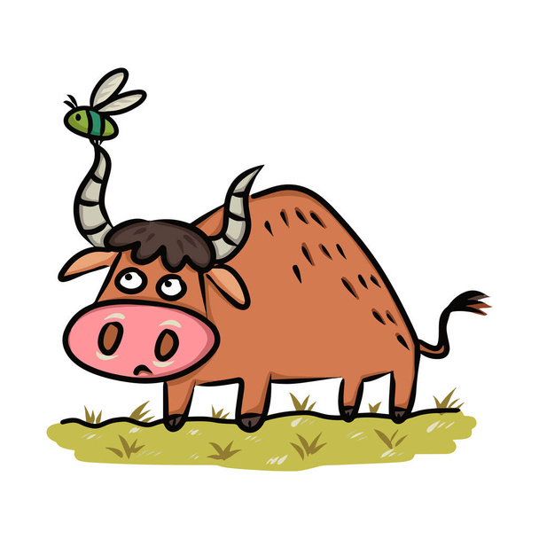 The gnat and the bull vector illustration for story book. Aesop's fable illustration transparent background. Cute illustration cartoon for fairy tale story and book.  - Vektor, kép