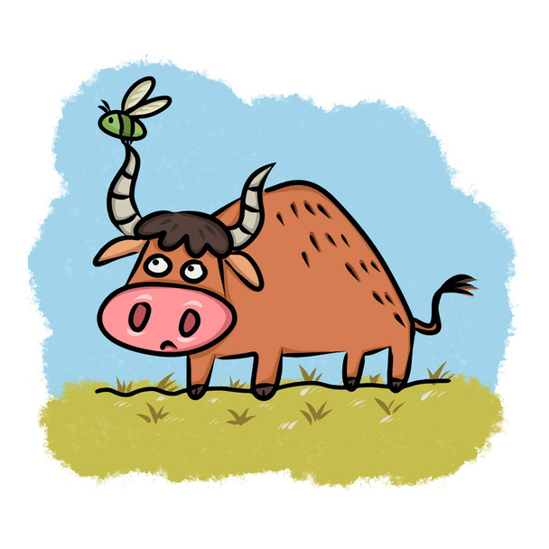 The gnat and the bull picture for story book. Aesop's fable illustration. Cute illustration cartoon for fairy tale story and book.  - Vektor, kép