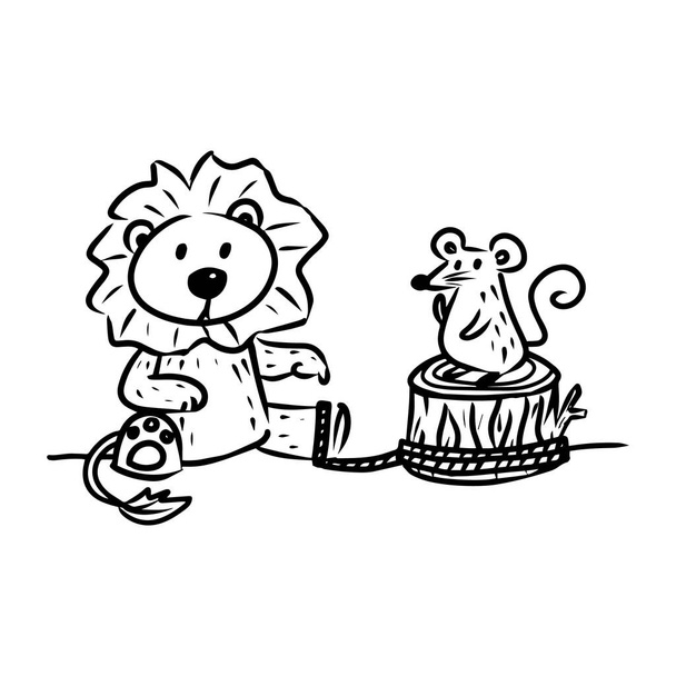 The lion and the mouse vector illustration for story book. Aesop's fable illustration transparent background. Cute line art cartoon for fairy tale story and book.  - Vektor, kép