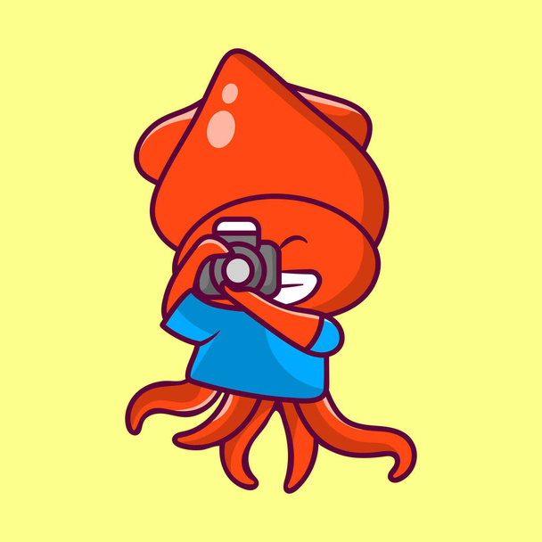 Octopus taking picture cartoon character. animal mascot isolated. - Vektör, Görsel