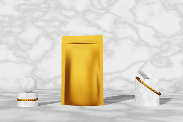 Golden luxurious pouch bag branding design mockup marble background podium 3D render. Premium coffee beans doy pack packaging merchandise. Blank food product template. Shop sale pedestal demonstration - Fotó, kép