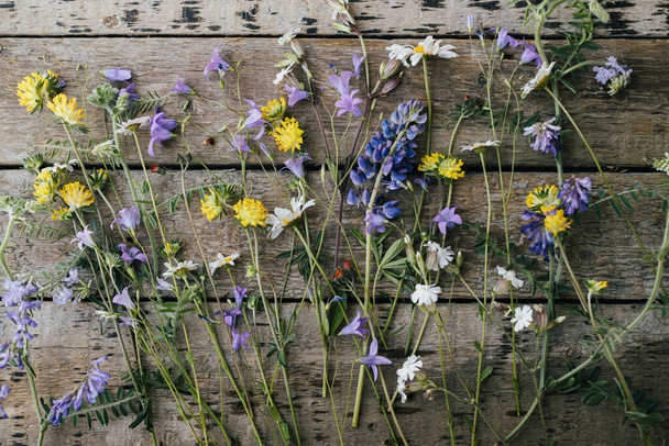 Beautiful wildflowers flat lay on rustic wooden background. Gathering and arranging flowers at home in countryside. Colorful summer wild flowers bouquet composition - 写真・画像