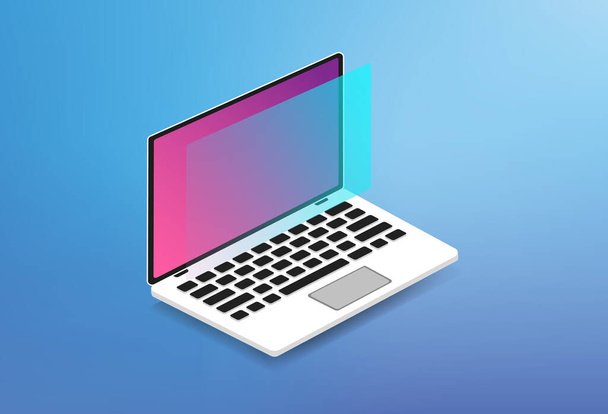 Isometric Holographic 3D Laptop Illustration Computer Desktop Minimal Office Business Analysis Icon UI UX Technology Abstract Colorful Background - Vector, Image