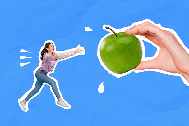 Collage photo of funny young woman running air jump need green apple vitamins breakfast isolated on blue color background. - Fotografie, Obrázek