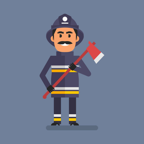 Fireman holding ax and smiling. Flat people. Vector Illustration - Διάνυσμα, εικόνα