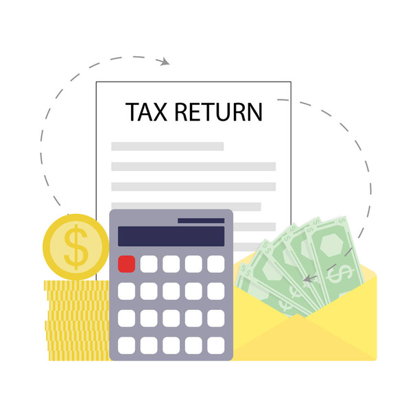 Tax return concept, calculation to back money. Vector illustration. Credit money, bussines documents, success paycheck debt, budget balance, wage saving, economy concept, receving government banking - Vettoriali, immagini
