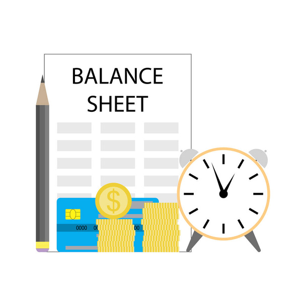 Balance sheet of company, audit finance and plan budget. Vector illustration. Analysis budget risk, statment story, monthly checklist, data statistics, salary review, company money olan - Vettoriali, immagini