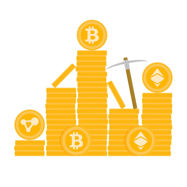 Crypto assets coins, stacks on cryptocurrency, financial crypto fund. Vector illustration. Digital coin, finance profit, crypto economy, virtual gold cash, bitcoin blockchain market - Vektor, obrázek