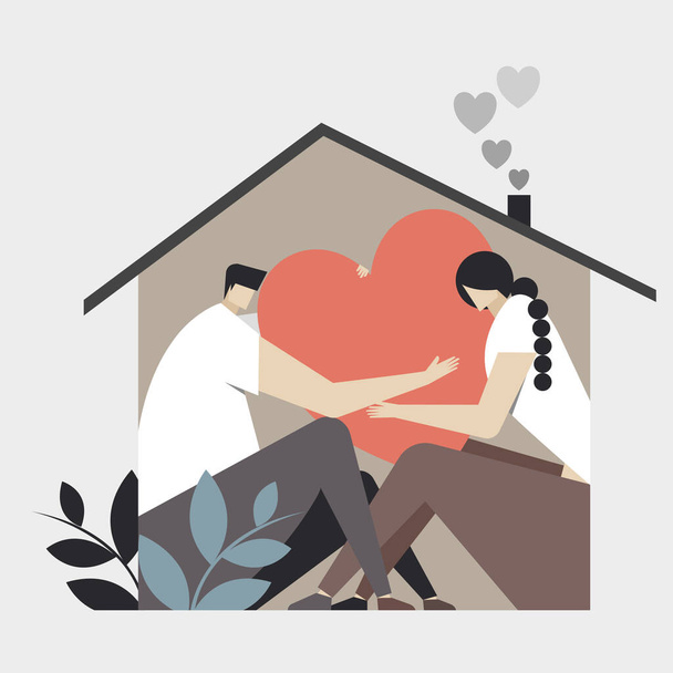 Conceptual illustration of a couple  holding a love symbol inside their home - Vector, imagen