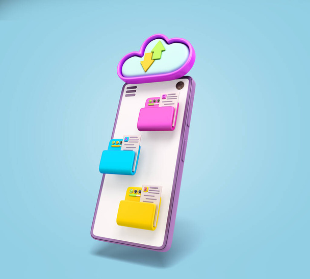 Cloud storage concept smartphone with file folders on screen 3d render on blue gradient - Fotoğraf, Görsel