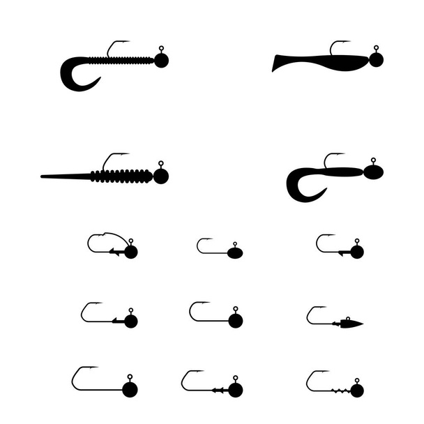 Fishing rigs of silicone lures on a jig head. Black silhouettes on a white background, vector illustration. - Vector, imagen