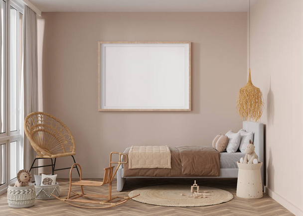 Empty horizontal picture frame on beige wall in modern child room. Mock up interior in boho style. Free, copy space for your picture. Bed, rattan chair, toys. Cozy room for kids. 3D rendering - Photo, image