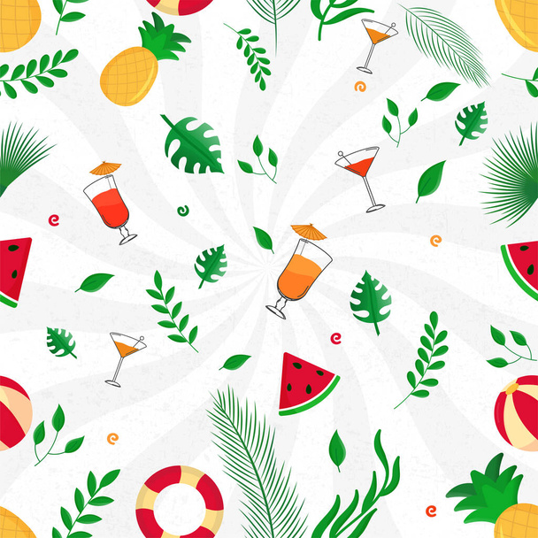 Summer Pattern Of Fruit With Tropical Leaves, Lifebuoy, Beach Ball, Drink Glass On White Rays Background,  - Vector, Image
