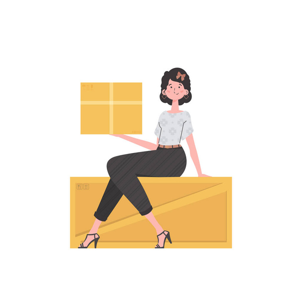 A woman is sitting and holding a parcel. Delivery concept. Isolated. trendy style. Vector. - Vektor, Bild