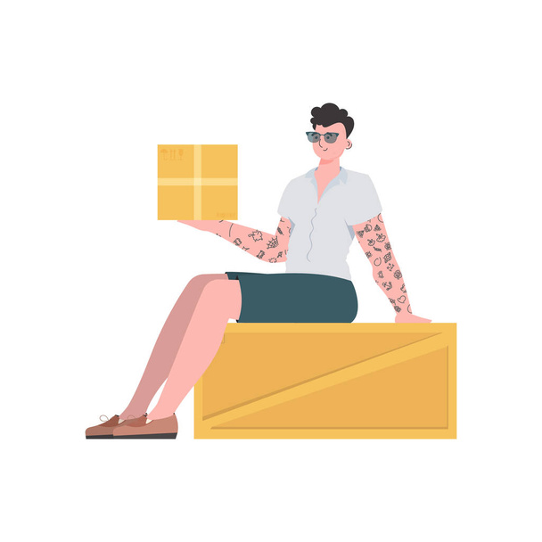 A man is sitting and holding a parcel. Delivery concept. Isolated. trendy style. Vector. - Vector, Image