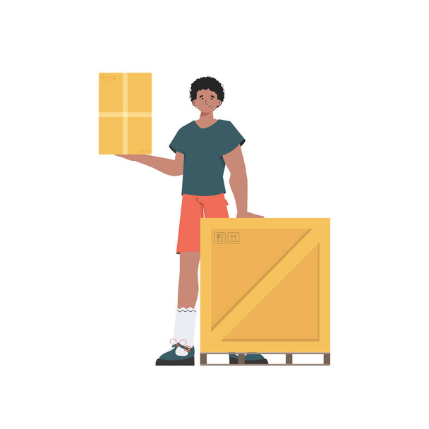 A man stands and holds a parcel. Delivery concept. Isolated on white background. trendy style. Vector illustration. - ベクター画像