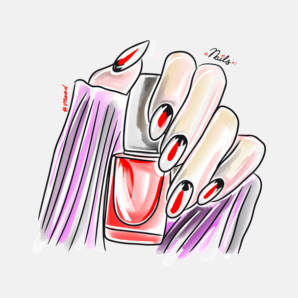 Female hand with long nails holds nail polish, trendy nail design, fashion, manicure mood, lovely cartoon, doodle style sketch - Vetor, Imagem
