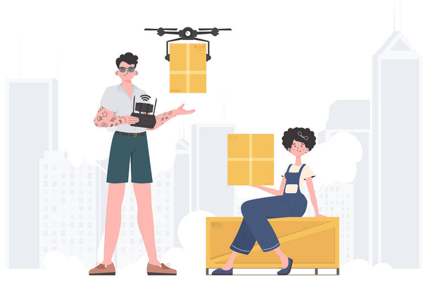 Delivery theme. The drone is transporting the parcel. Man and woman with cardboard boxes. Vector illustration. - Vector, imagen