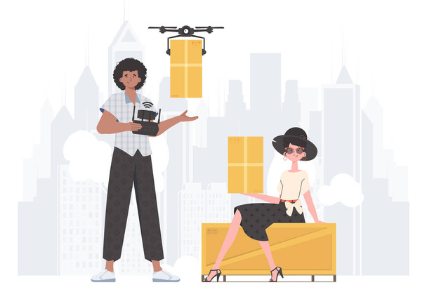 Delivery theme. The drone is transporting the parcel. Man and woman with cardboard boxes. trendy style. Vector. - Vector, imagen