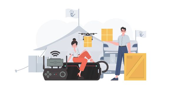 The theme of humanitarian aid. The drone is transporting the parcel. Man and woman with cardboard boxes. trendy style. Vector illustration. - Vector, imagen